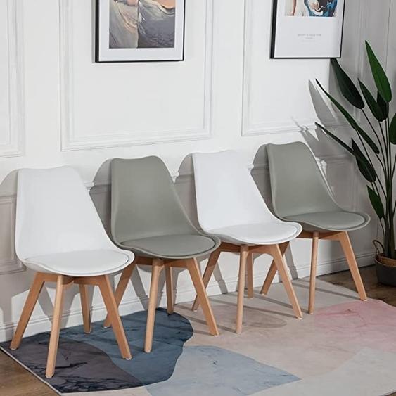 H.J WeDoo 8 chaises de salle à manger, Chaise de cuisine, Chaise rembourrée, Similicuir rembourré, Pied en hêtre massif, Résistant à leau, Facile dentretien, Facile à monter, 130kg de charge, 4 Gris + 4 Blancs