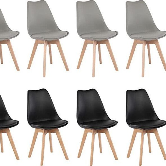 H.J WeDoo 8 chaises de salle à manger, Chaise de cuisine, Chaise rembourrée, Similicuir rembourré, Pied en hêtre massif, Résistant à leau, Facile dentretien, Facile à monter, 130kg de charge, 4 Gris + 4 Noir