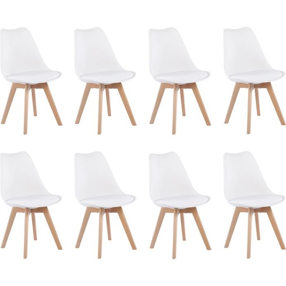 H.J WeDoo Chaise de salle à manger, style scandinave, vintage, rétro, chaise de cuisine, rembourrée avec coussin sur le siège, plastique et bois massif, chaise 8pcs, blanc