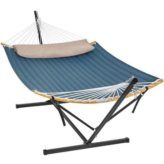 Hamac avec Support, Barre de Soutien Double, avec Coussin, Capacité de Charge Jusquà 200 kg, Structure Noire et Hamac Bleu