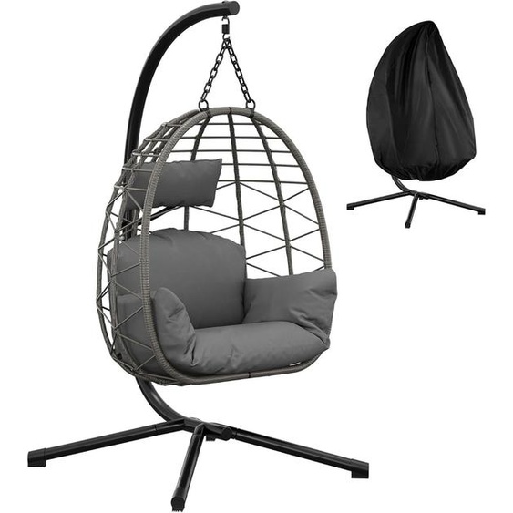 Hamac en rotin avec structure métallique – pliable, supportant jusquà 150 kg, avec housse noire, idéal pour le jardin et le balcon