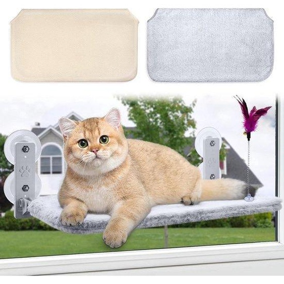 Hamac pour fenêtre Famanu - Hamac pratique à suspendre à la fenêtre, équipé de ventouses puissantes - 52 x 30 cm - Velours gris + filet beige