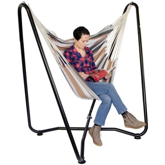 Hamac Siège Suspendu - AMANKA - 100% coton - Support en métal noir - Poids soutenu 150kg