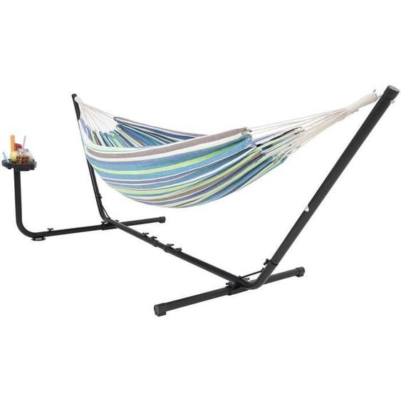 Hamac sur Pied en Coton avec Porte-gobelet, Hamac avec Support, - Hamac Double/ 205kg, 241*160 - Sac de Transport Inclus (Bleu/Vert)