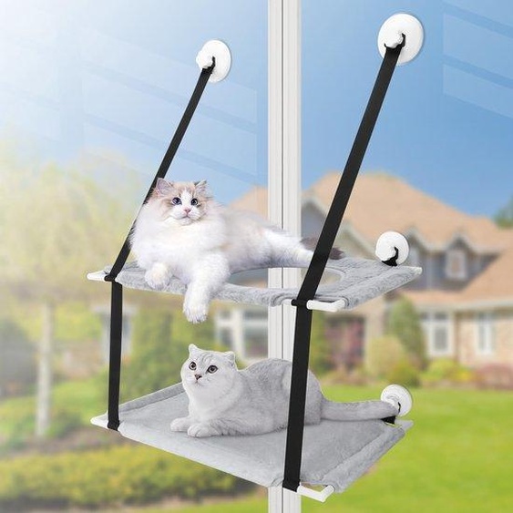 Hamac suspendu pour chats Ibenzoa®, pour chats de grande taille, à deux niveaux, dimensions 72 x 48 x 29 cm. Offre une vue panoramique, équipé de 6 ventouses robustes supportant jusquà 15 kg, non toxique, résistant aux griffures et aux morsures, avec