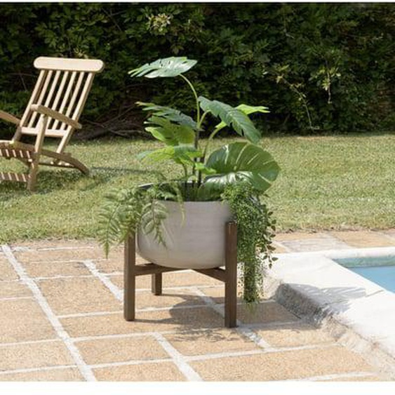 HANS - Pot de fleur rond en béton sur pieds en acacia marron