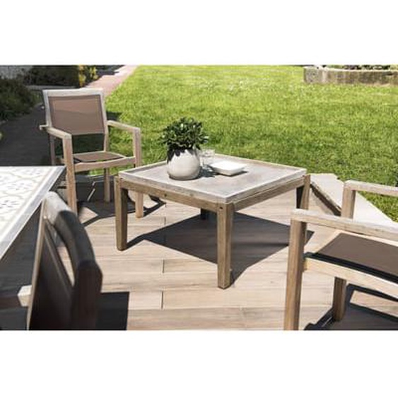 HANS - Table basse de jardin carrée béton 83x83 cm pieds en bois Acacia