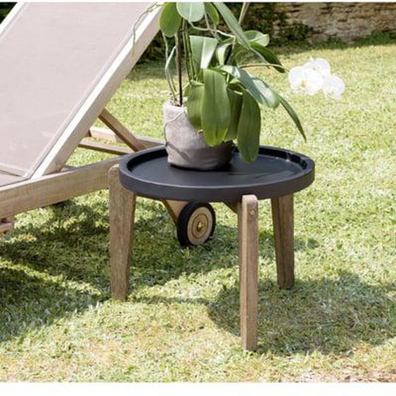 HANS - Table dappoint 55x52cm plateau béton noir mat pieds acacia