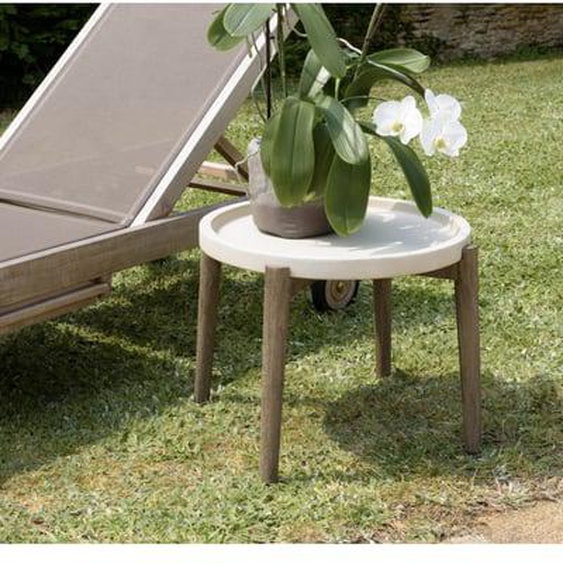 HANS - Table dappoint ronde 50x50cm plateau béton beige pieds acacia