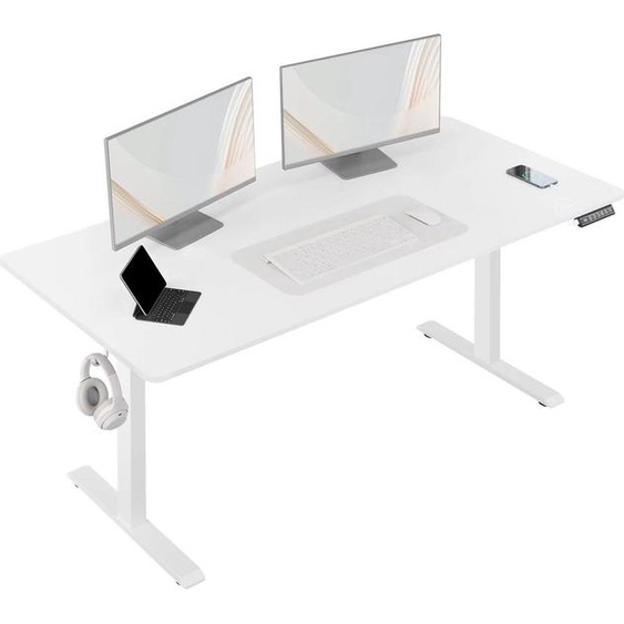 Happiq Bureau électrique réglable en hauteur - Bureau ergonomique pour le home office et le bureau avec port de chargement USB et fonction mémoire - 160x75 cm, Blanc