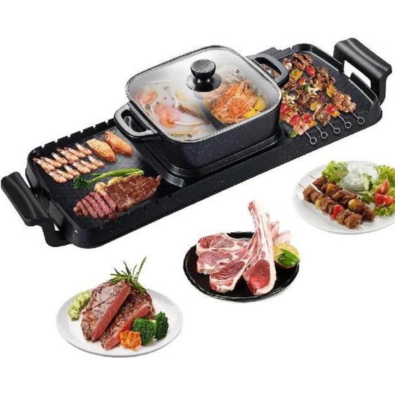 Happyment BBQ électrique Partypan - Korean BBQ & Hotpot - Anti-adhésif - 47cm - 1600 W - Métal