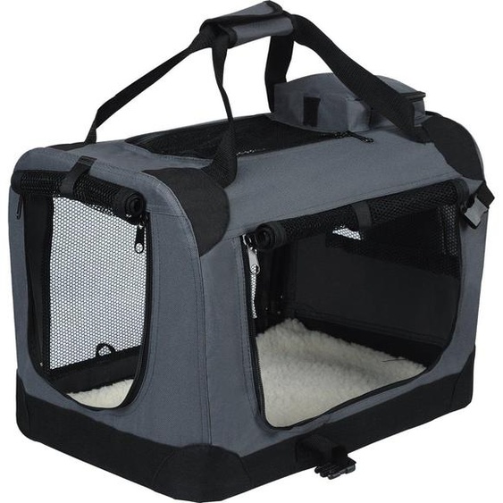 Happyment Hondenbench Haik – Cage de transport pour chiens – Cage pour voiture – Cage de voyage – Rabattable – Tissu – Gris – 60 x 42 x 42 cm