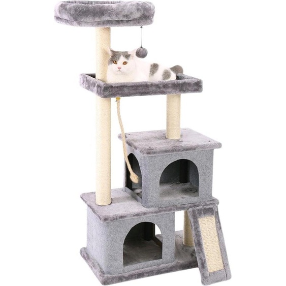 Happyment® Arbre à chat de luxe pour chats - Gris - Hamac pour chats doux avec jouets - Convient aux petits chatons - 127 cm