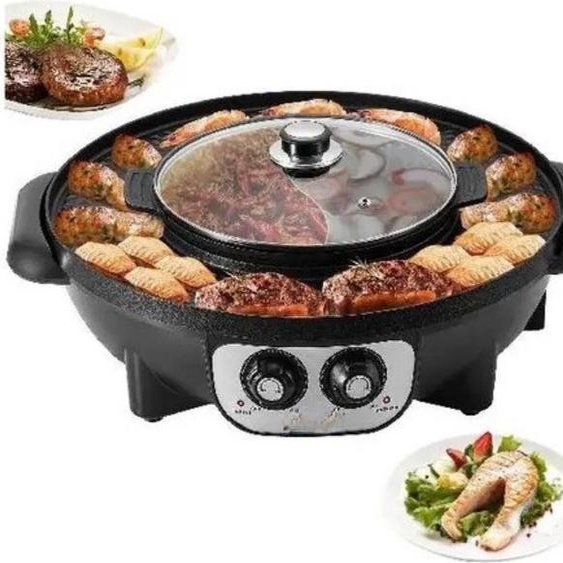 Happyment® BBQ coréen & Hotpot - Gril électrique avec couvercle - Set 2 en 1 gril & hotpot - Température réglable - 1200W - Noir