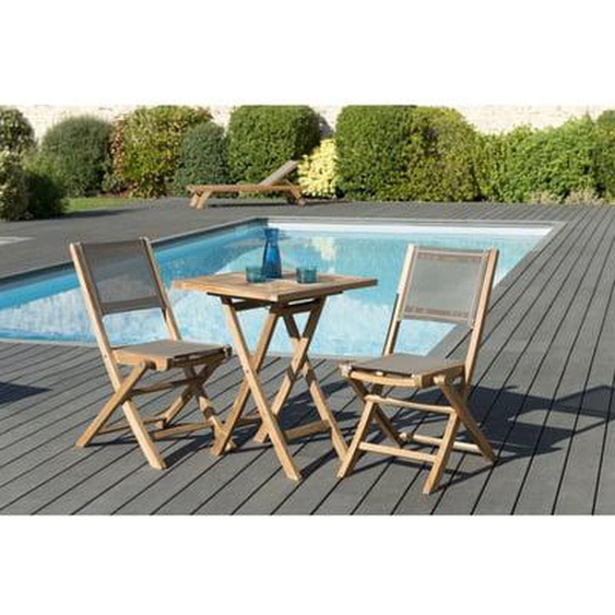 FUN - SALON DE JARDIN EN BOIS TECK 2 pers - 1 Table carrée pliante 60 cm et 2 chaises textilène couleur taupe