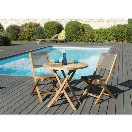 FUN - SALON DE JARDIN EN BOIS TECK 2 pers - Ensemble de jardin - 1 Table ronde pliante 80 cm et 2 chaises textilène taupe