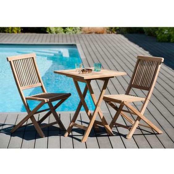 HARRIS - SALON DE JARDIN EN BOIS TECK 2 personnes : Ensemble de jardin - 1 Table carrée pliante 60 cm et 2 chaises