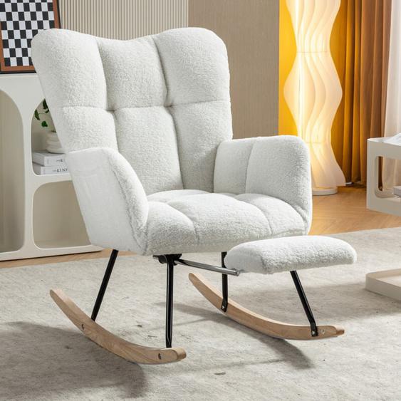 Hauss Spole - Fauteuil à bascule capitonné, Rocking chair avec dossier, repose-pieds extractible, poches latérales, Teddy, blanc