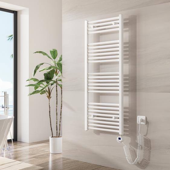 Heilmetz Radiateur de salle de bain électrique 120 x 50 cm Blanc Radiateur sèche-serviettes électrique avec thermostat Timing Barre chauffante Sèche-serviettes Tube rond Sans barre chauffante