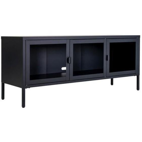 Meuble TV - HENDRA - 3 Portes - Verre Transparent - Acier Noir - Design Contemporain