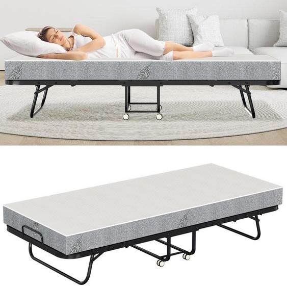 Hengda Lit dinvité 90x200cm Lit pliant avec matelas et housse de protection jusquà 150kg, sur roulettes