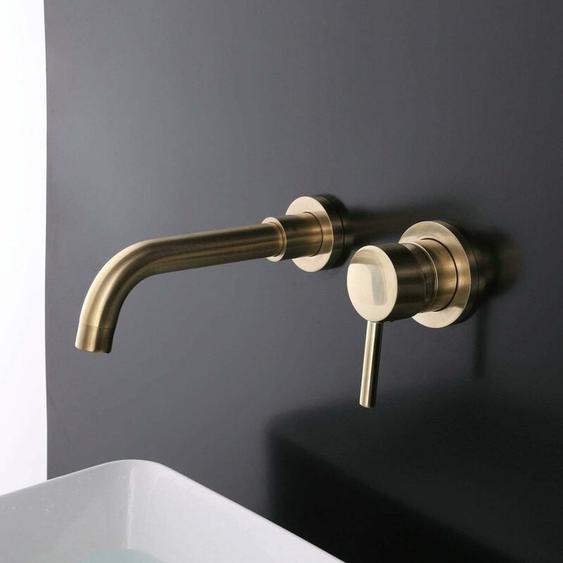 Heytea - Robinet de Lavabo pour Salle de Bains en Laiton, Montage Mural, Or Brossé, Robinet Salle Bain Mural ,Mitigeur Lavabo ,Inoxydable, Élégant