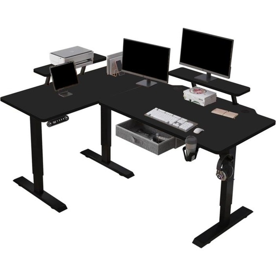 Hilodesk 160cm bureau électrique bureau réglable en hauteur bureau dangle bureau debout en forme bureau avec support décran et tiroir, noir