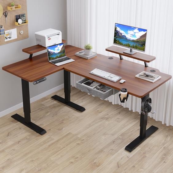 Hilodesk 160cm Bureau électrique réglable en hauteur Bureau dangle Bureau debout en forme de bureau avec support décran et tiroir,Vintage