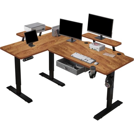 Hilodesk Bureau en L 160cm Bureau debout Bureau en L réglable en hauteur électriquement Bureau dangle avec support décran et tiroir Vintage