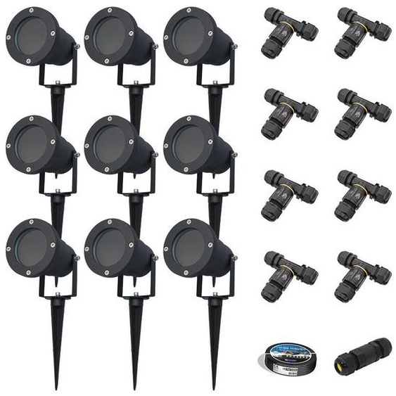 HOFTRONIC - Spot à piquet LED 9x XL Aluminium IP65 GU10 20W Noir Avec matériel dinstallation (Câble & connecteur)