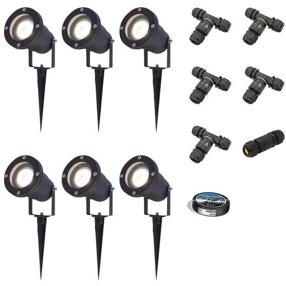HOFTRONIC - Spots à piquet extérieur LED 4W 345lm 4000K IP65 Noir 6 pièces Avec matériel dinstallation (Câble & connecteur)