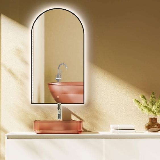 HOKO® miroir arqué LED 50x90/90x50 cm avec cadre métallique noir, HAUTE+QUERRE montage.Arch miroir lumineux salle de bain+interrupteur tactile+LED alternance blanc chaud/blanc froid