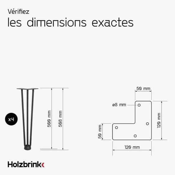 HOLZBRINK Lot de 4 pieds de table en épingle - acier - salon - hauteur 50cm - noir