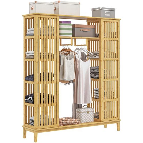 HOMCOM Armoire penderie en bambou armoire de rangement avec 2 portes coulissantes, étagères ouvertes et tringle pour la chambre à coucher, 145 x 35 x 165cm, finition bois naturel