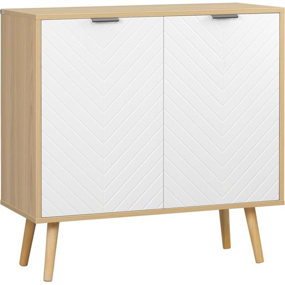 HOMCOM Buffet salon, meuble de rangement avec 2 portes et étagère réglable, pieds en bois de pin, buffet salle à manger cuisine et chambre, 77 x 35 x 77,5 cm, blanc et bois naturel