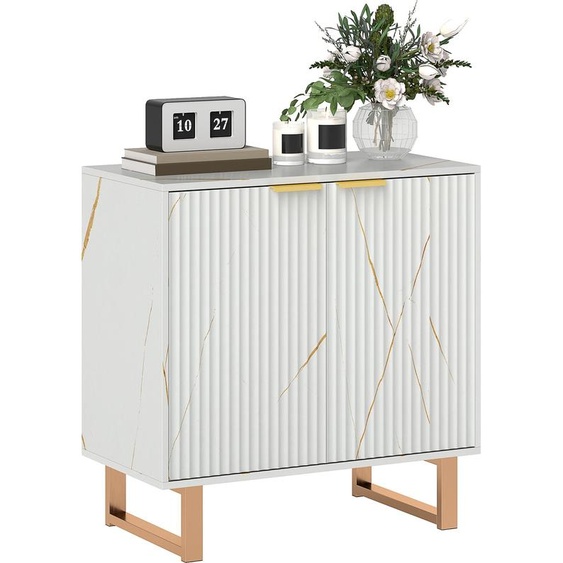 HOMCOM Buffet salon meuble de rangement style moderne avec placard à 2 portes cannelées, étagère réglable, pieds en métal - buffet salle à manger, cuisine et salon, dim. 76,5 x 39 x 77 cm, blanc