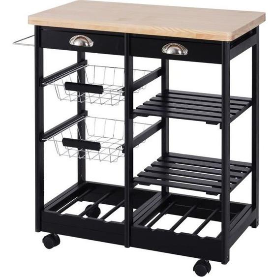 HOMCOM - Chariot de service - bois massif de pin - 74x37x76cm - Noir