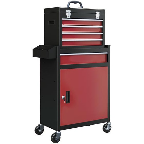 HOMCOM Chariot datelier Servante dAtelier sur roulettes, Chariot avec Caisse à Outils Amovible, 5 tiroirs et armoire verrouillable, 60 x 28 x 105 cm rouge