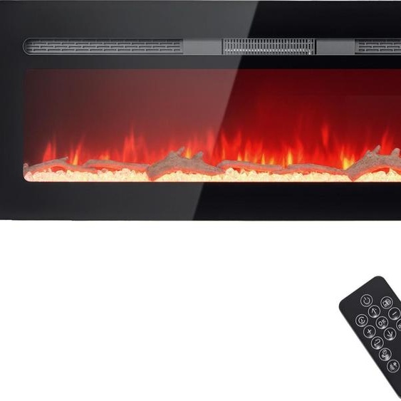 HOMCOM Cheminée électrique 1800 W mural ou encastrable fausse cheminée avec effet flamme en LED 3 couleurs 5 luminosités, bûche et cristal, minuterie, température 15-40℃, télécommande, 127L cm, noir