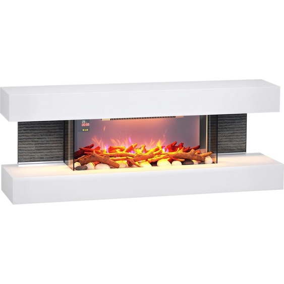 HOMCOM Cheminée électrique 2000 W mural ou sur pieds fausse cheminée 120L cm avec manteau, cadre en verre, effet flamme LED réglable, bûche, galets, minuterie, température 15-40℃, télécommande, blanc
