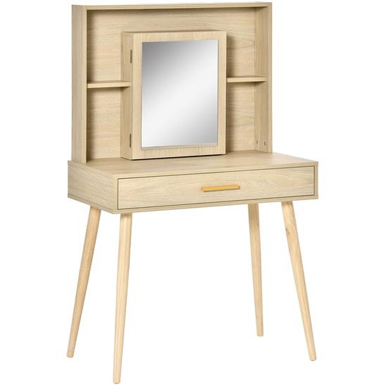 HOMCOM Coiffeuse avec miroir, étagères et tiroir, table de maquillage scandinave, pieds effilés bois dhévéa, panneaux particules, naturel