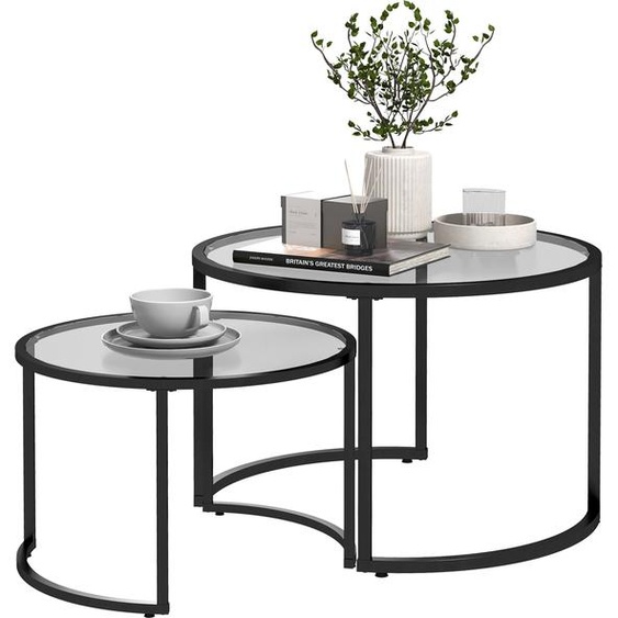 HOMCOM Lot de 2 tables basses gigognes rondes 70/54 cm plateau verre trempé et pied en acier au carbone design moderne noir