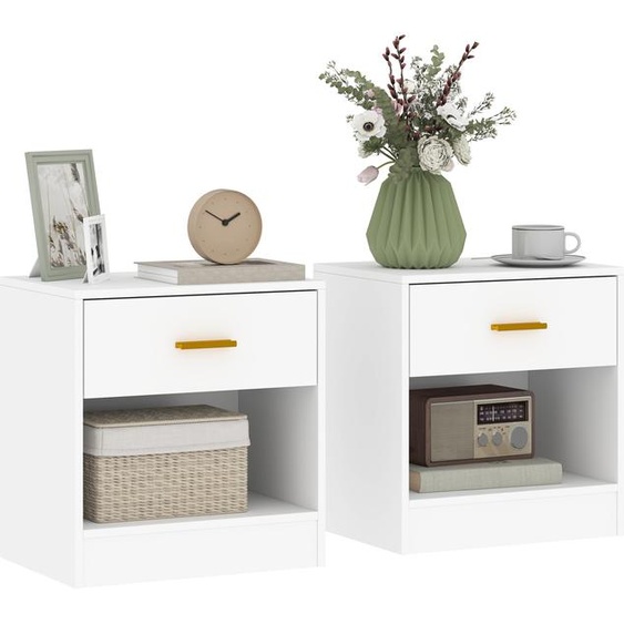 HOMCOM Lot de 2 tables de chevet, table de nuit avec 2 tiroirs et étagères ouvertes, poignée dorée, style moderne, bout de canapé pour chambre à coucher, salon, 39 x 28 x 41 cm, blanc