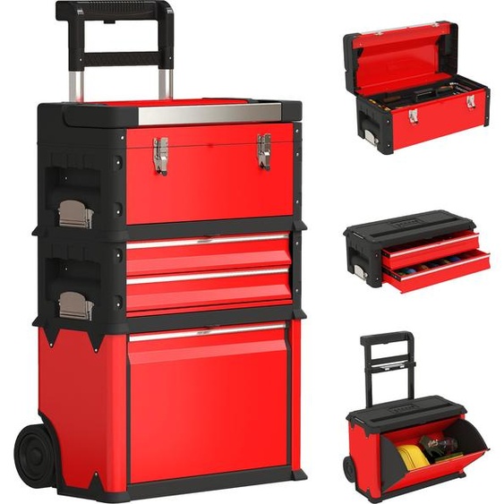 HOMCOM Lot de 3 boîtes à outils sur roulettes empilables et modulaires, servante datelier caisse à outil trolley en acier avec plateau, poignées et serrure, pour garage et entrepôt, rouge