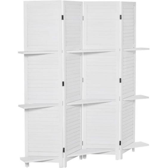 HOMCOM Paravent intérieur 4 Panneaux 3 étagères Pliables séparateur de pièce Portes persiennes Bois de Paulownia Blanc
