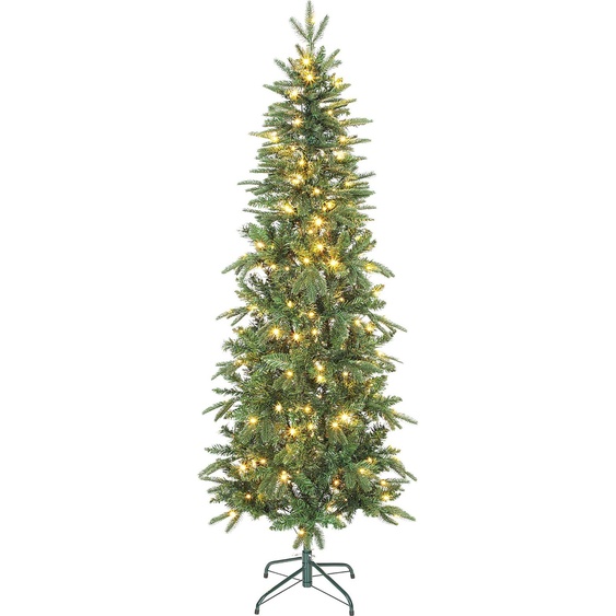 HOMCOM Sapin de Noël artificiel 180 cm, arbre de Noël slim avec 200 lumières blanches chaudes, 8 modes déclairage, 605 pointes de branche articulée, support en métal, plastique ignifuge, vert