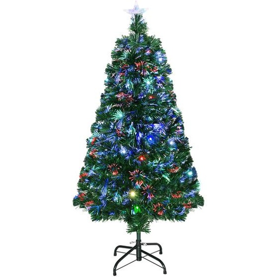 HOMCOM Sapin de Noël Artificiel Lumineux 120H cm Fibre Optique LED Multicolore + Support Pied 130 Branches étoile Sommet Brillante Vert