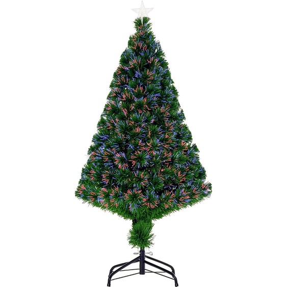 HOMCOM Sapin de Noël Artificiel Lumineux 120H cm Fibre Optique Multicolore + Support Pied 130 Branches étoile Sommet Brillante Vert