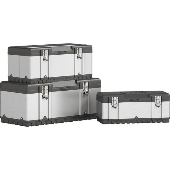 HOMCOM Set de 3 valises à outils vides Caisse à outils avec plateau amovible, poignées, fermetures, boîte à outils en acier inoxydable, noir+argenté