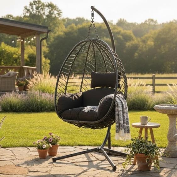 Home Collective Fauteuil suspendu Fauteuil suspendu avec support Balançoire suspendue Panier suspendu Balançoire Fauteuil Décoration intérieure et extérieure | coussins moelleux inclus | idéal pour le jardin, le balcon, la terrasse ou lintérieur | noir